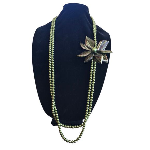 Green Beaded Flower Statement Necklace | Long Double Strand | NIB - Picture 1 of 4